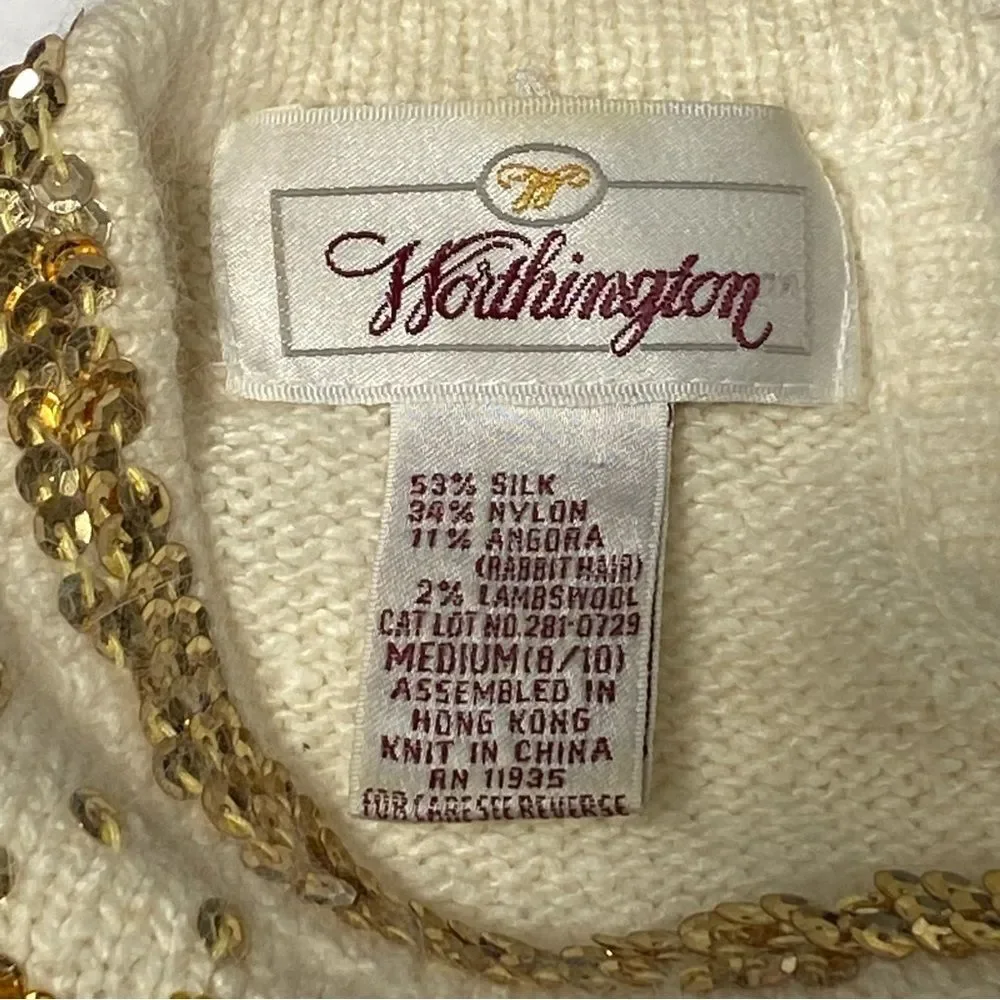 Worthington Vintage Silk, Angora & Lambswool Ivory Knit Sequin Sweater Women's M